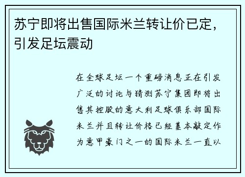 苏宁即将出售国际米兰转让价已定，引发足坛震动