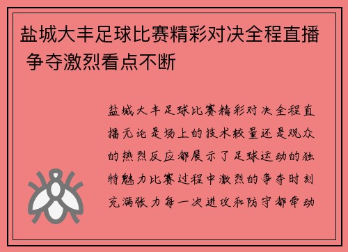 盐城大丰足球比赛精彩对决全程直播 争夺激烈看点不断
